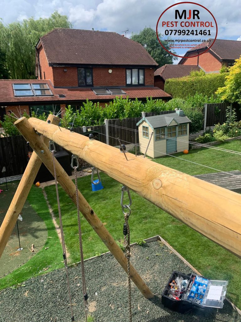 Pin and wire system fitted to a childrens climbing frame to prevent pigeons from Roosting on the frame work and fouling everywhere. BARNSLEY